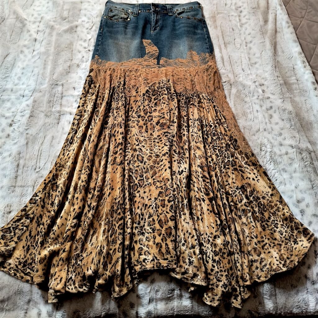 Clothes upcycling, this is a merger between rivet jeans and long velvet skirt