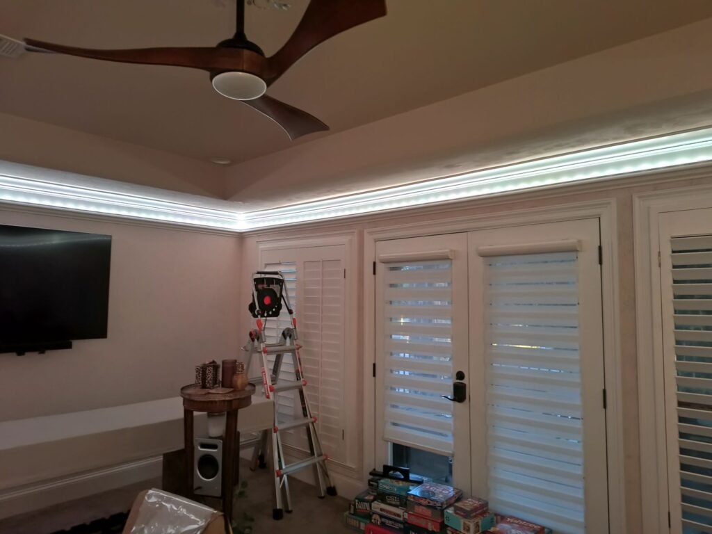 Install Indirect Lighting, example of a room with white indirect strip lights installed