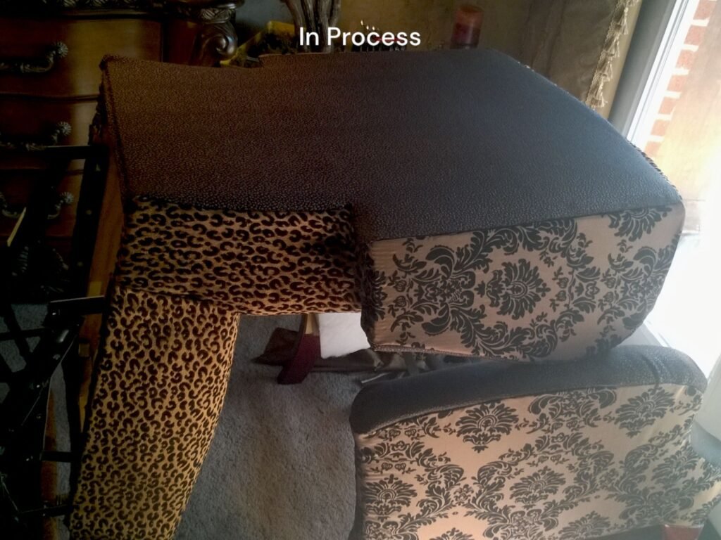 Back of DIY no sew reupholstered recliner