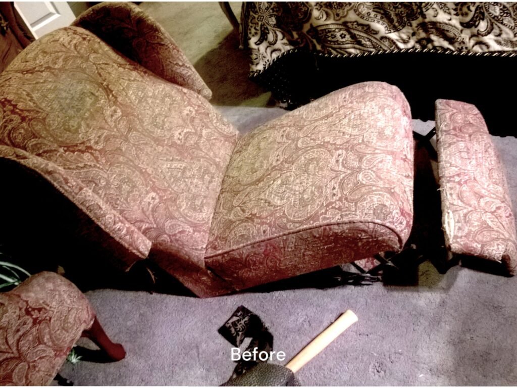 Small recliner prior to no sew DIY Upholstery