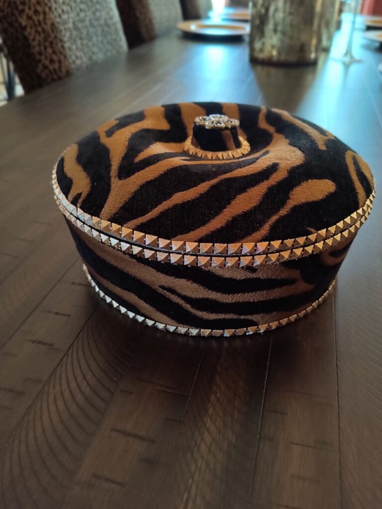 Kitchen DIY decor showing the profile of custom covered tortilla warmer with black and gold zebra fabric