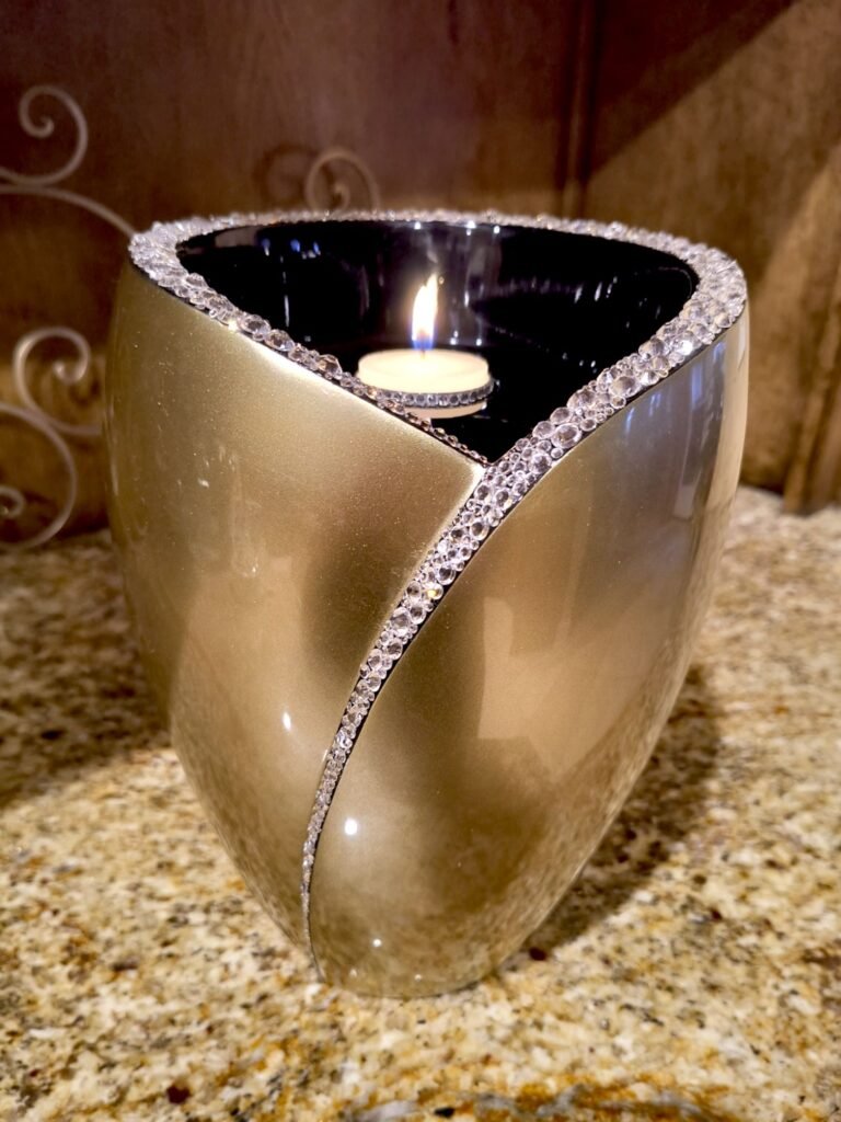 Bedazzled urn for DIY Celebration of Life Ceremony