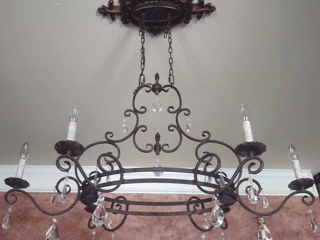 DIY Raindrop chandelier starting point was an outdated wrought-iron chandelier