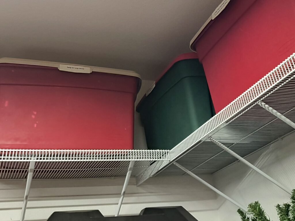 Save money on garage organization, a close up of storage totes on wire shelving