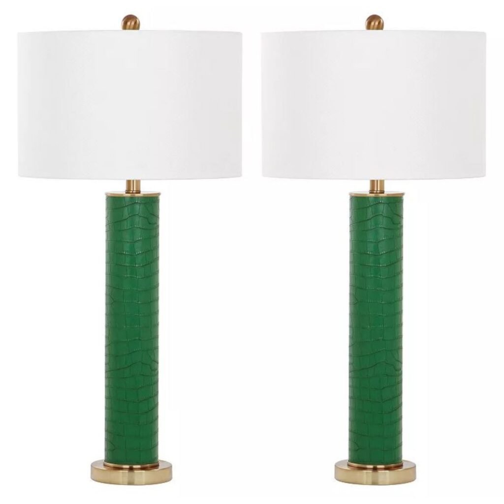 Pair of lamps with green faux crocodile on the base and white drum lampshades