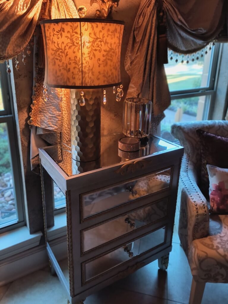 how to update a lamp with new gold lamp base and original lampshade featuring organic leaf pattern when light is on