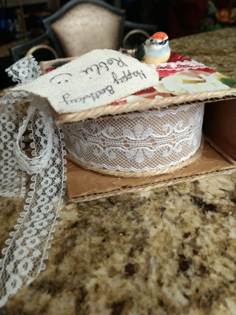 Closeup of wrapping profile to show lace detail around the cardboard ring