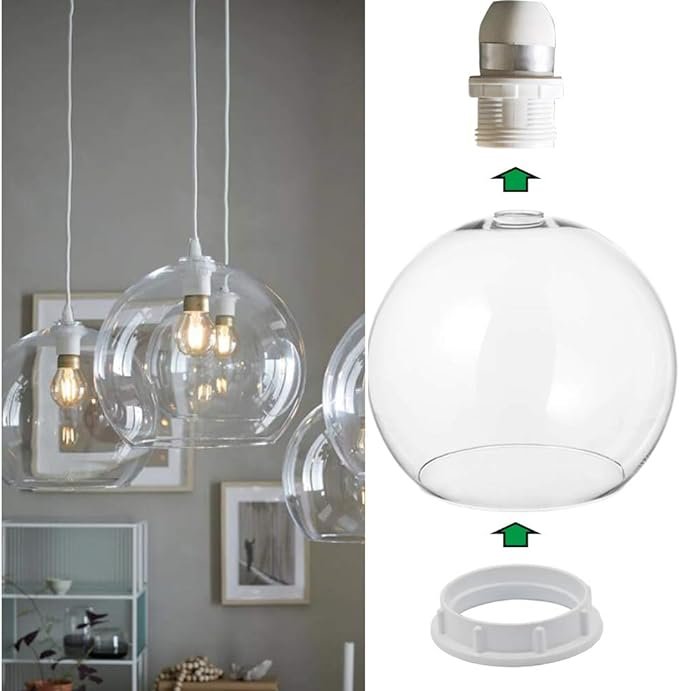 an closeup example of how to update a pendant light showing a socket with a clear glass shade and a pendant light shade ring