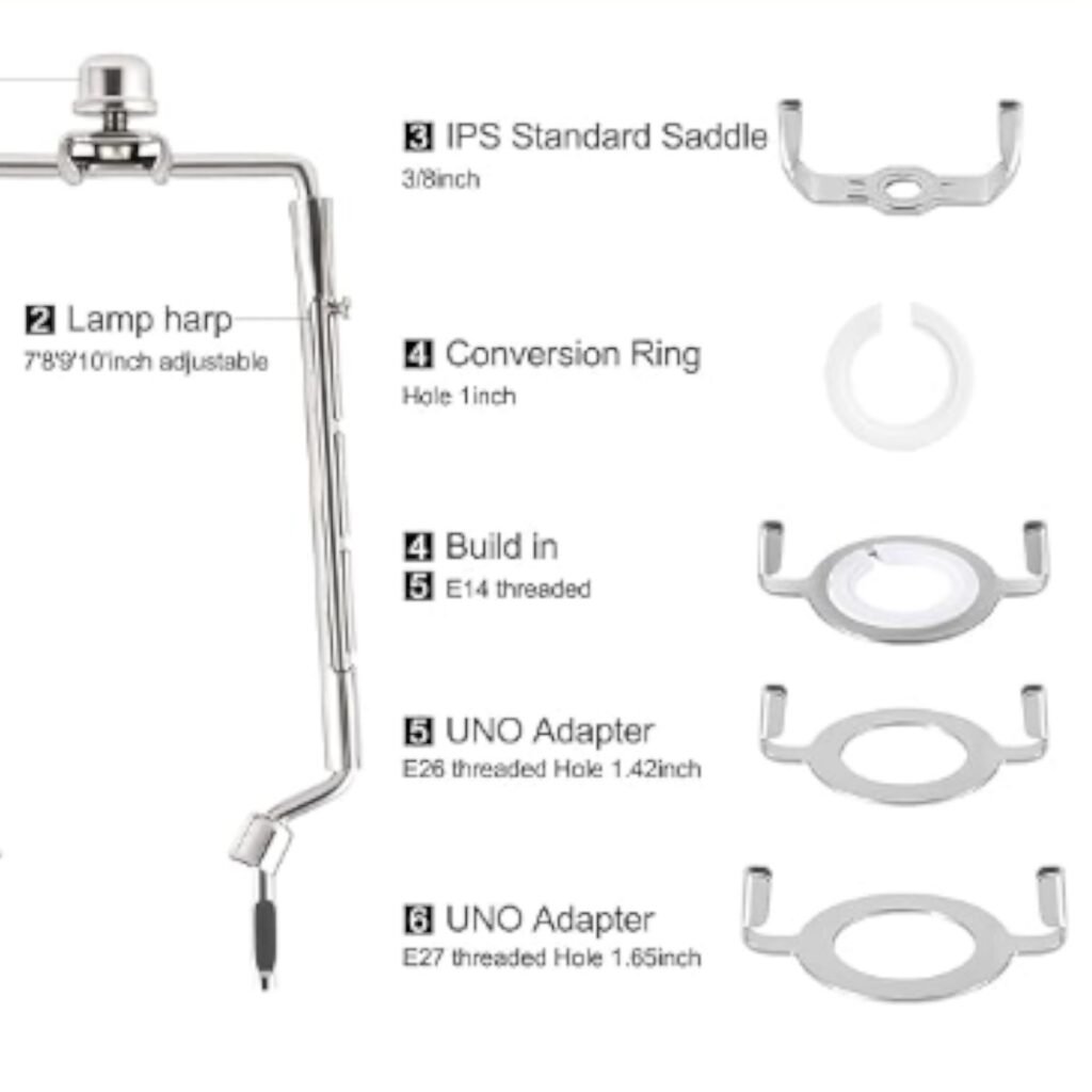 a close up of an adjustable style lamp harp with a collection of various lampshade adapters