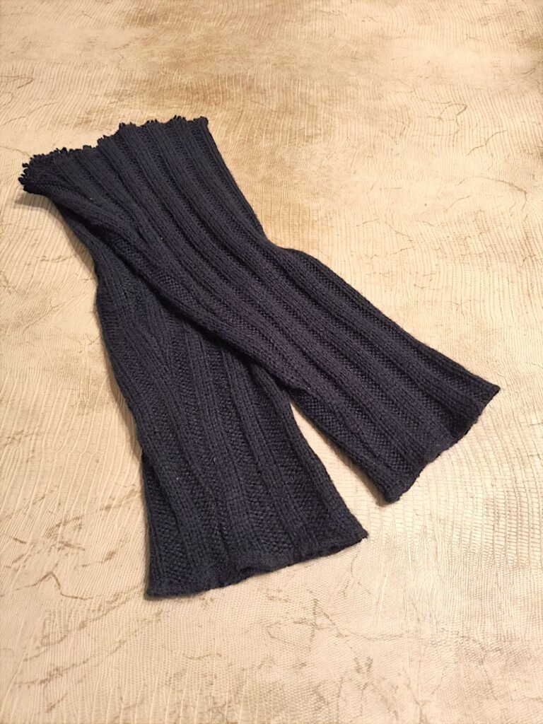 closeup of black DIY leg warmers